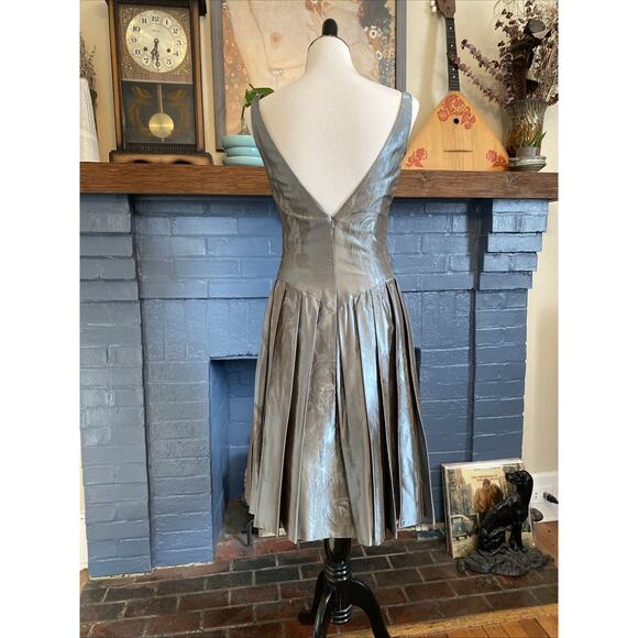Carmen Marc Valvo Collection 8 Metallic Slate Blue Jacquard Silk Dress Lined - Picture 3 of 16